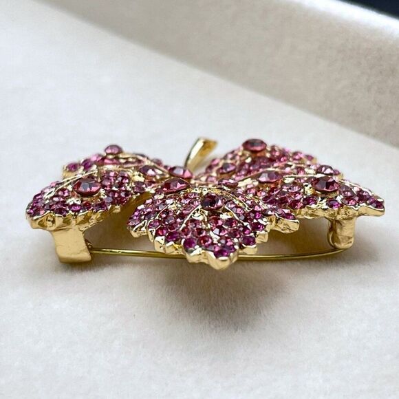 Yellow Gold with Pink Sapphire Crystal Single Maple Leaf Pin Back Brooch - Picture 5 of 8